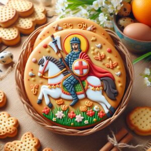 Easter biscuit with St George on horse decorative icing.