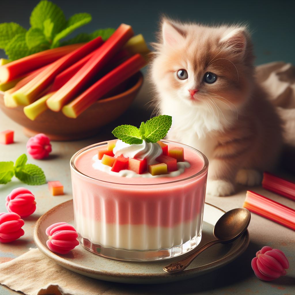 A rhubarb fool served with a kitten watching