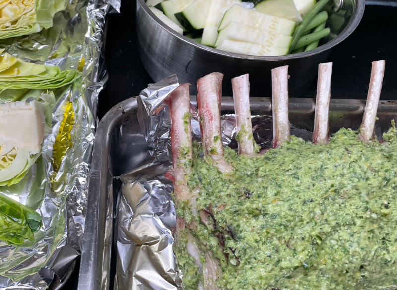 Herb crusted lamb cutlets ready to go in the oven