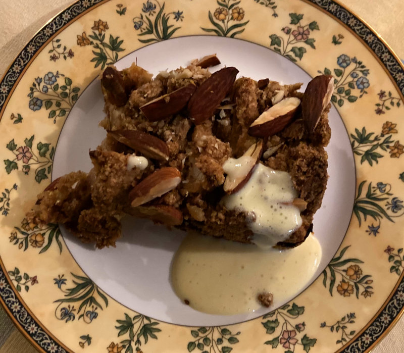 Apple Cake and streusel topping served with crême anglaise