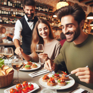 Peaople eating bruschetta in an italian restaurant