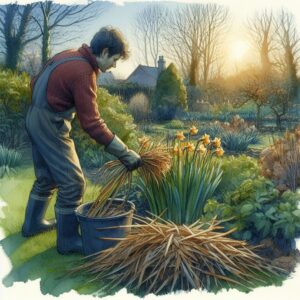 Gardener tidying old bulb foliage