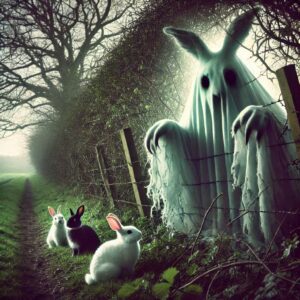 Ghost rabbit in a spooky hedgerow