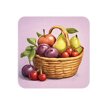 Fruit trees in a basket including apples, pears, plums and cherries representing edible harvest