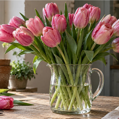 Bouquet of pink tulips in a glass pitcher, freshly cut and arranged on a rustic wooden table