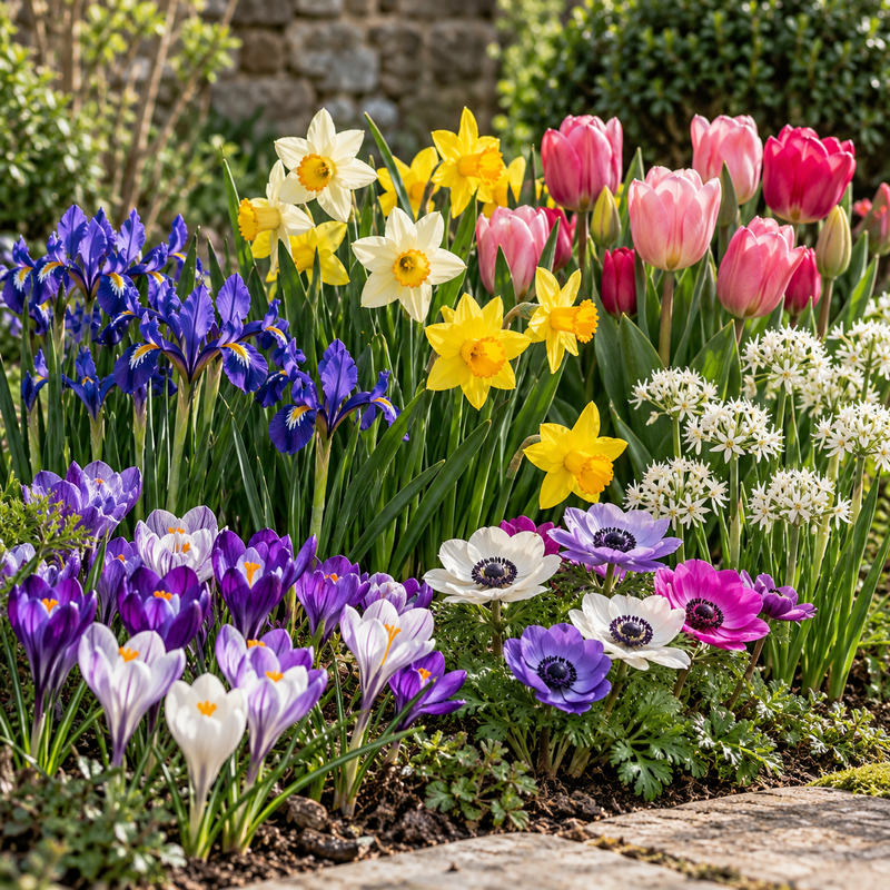 Mixed Bulbs Flowering in a Border