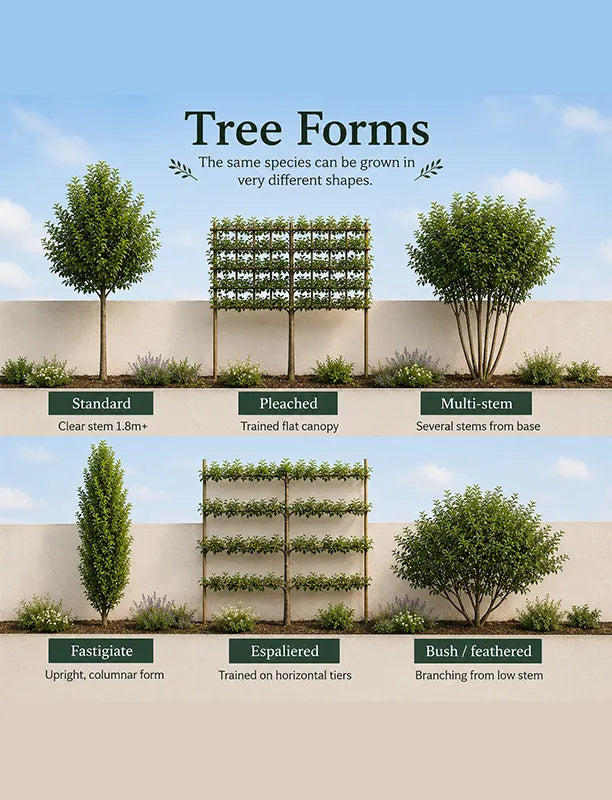 Illustrated guide showing six tree growth forms of the same species: standard, pleached, multi-stem, fastigiate, espaliered, and bush/feathered, each labeled with its characteristic shape and pruning style.