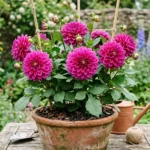 Pink dahlias flowering in a pot