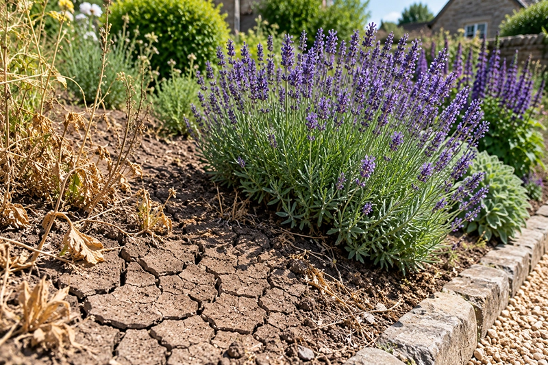 Cracked dry soil next to healthy drought-tolerant lavender in a UK garden border after summer drought