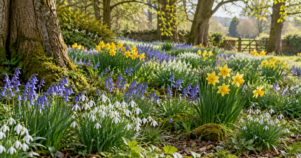 Bluebells, snowdrops and daffodils naturalised in a UK spring garden