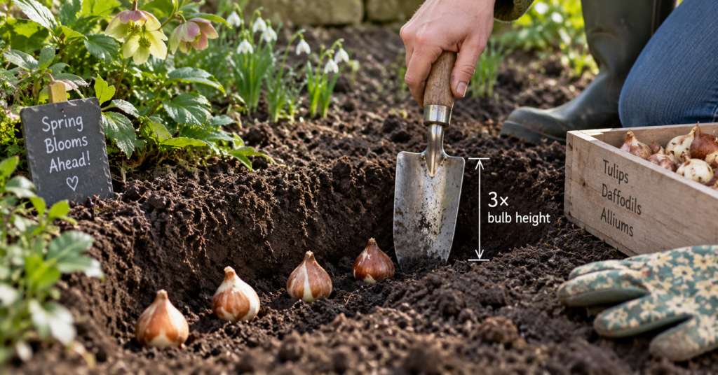 Measuring bulb planting depth with a trowel in a UK garden border