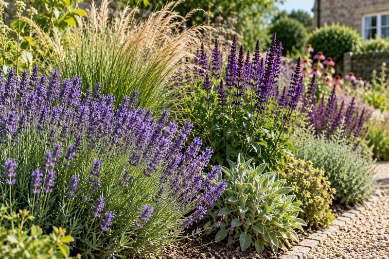Drought-tolerant border planting of lavender, salvia and ornamental grass, UK garden