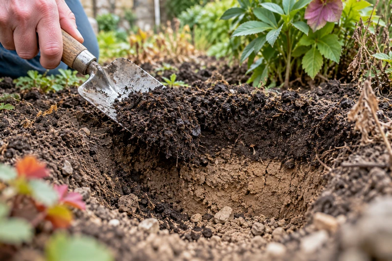 Checking soil moisture depth before autumn planting in a UK garden