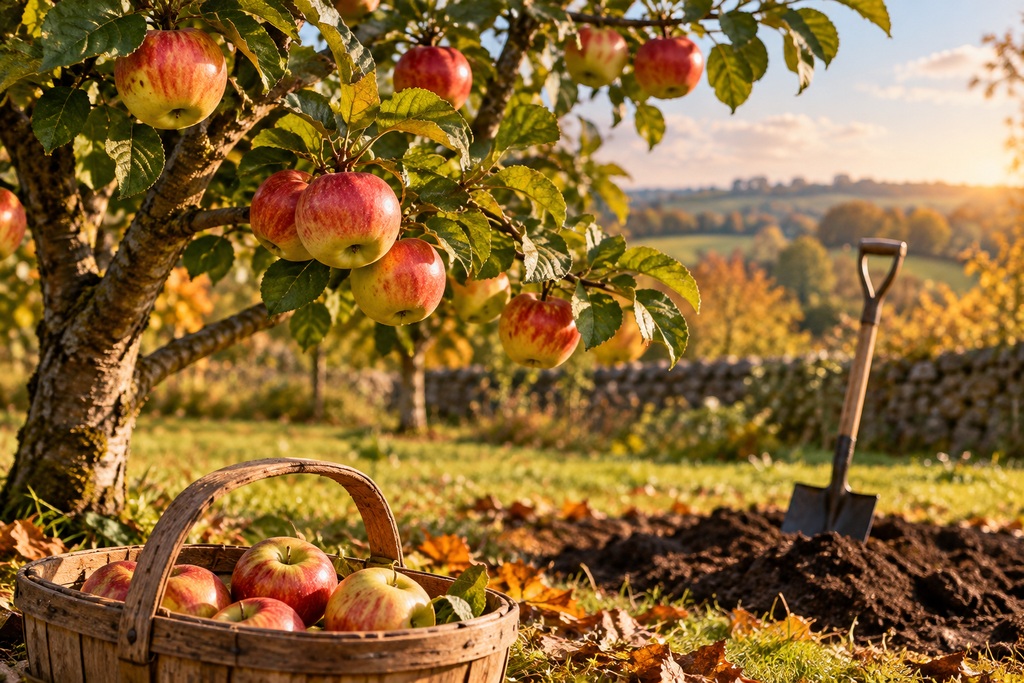 An apple tree laden with ripe red and yellow apples in a sunlit autumn orchard, with a basket of freshly picked fruit, fallen leaves and a spade beside freshly turned soil.