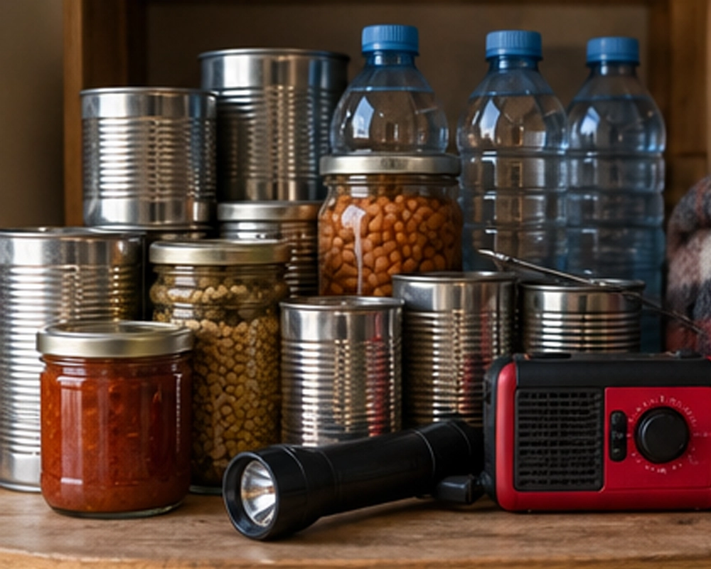 Food cans, water and radio in cupboard
