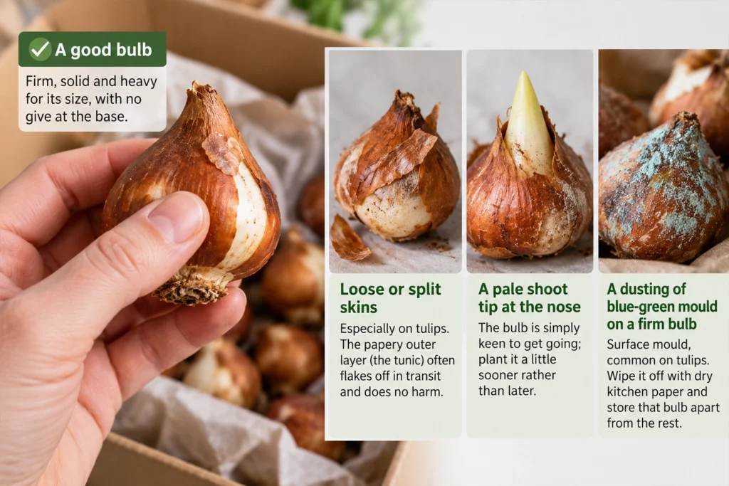 Hand checking a firm flower bulb, with examples of loose skins, a pale shoot tip and harmless blue-green surface mould