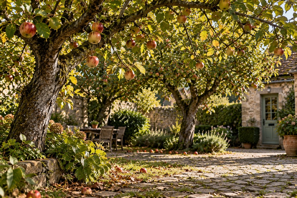 An old apple orchard in a rustic stone courtyard, with mature fruit-laden trees, moss-covered trunks, fallen apples, a cobbled path, terracotta pots and a weathered cottage door in warm autumn sunlight.