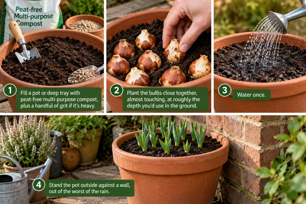 Step-by-step guide to planting bulbs in a pot with compost and grit, watering them, and placing the pot outdoors in a sheltered spot.